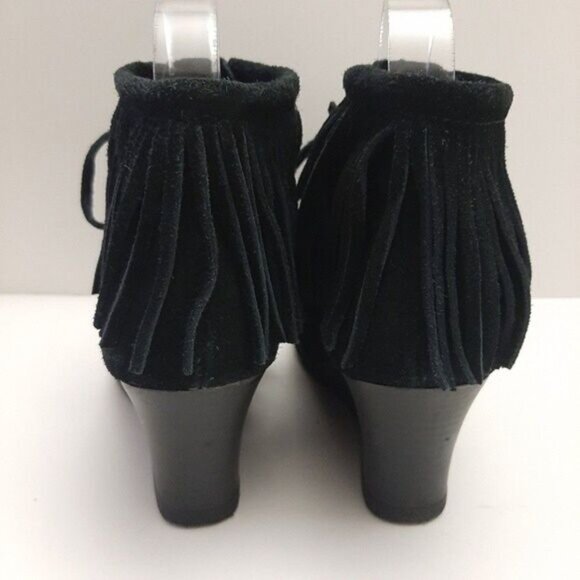 MINNETONKA Fringe Suede Lace-Up Wedge Heel Booties Black Size 6.5 - Picture 11 of 16